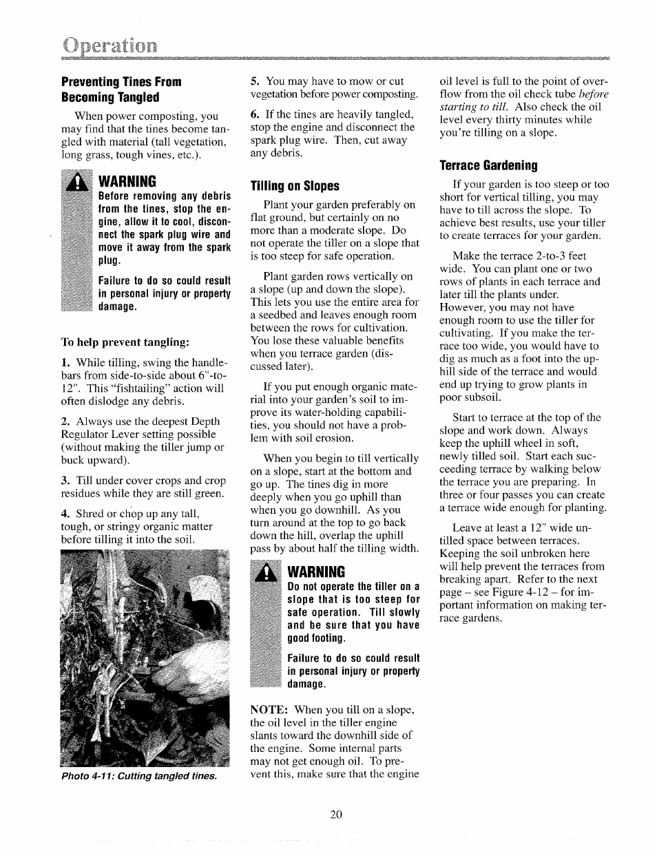 Preventing tines from becoming tangled, Warning, Tilling on siopes | Terrace gardening, Tilling on slopes, Before starting to till | Troy-Bilt 12065 User Manual | Page 20 / 36