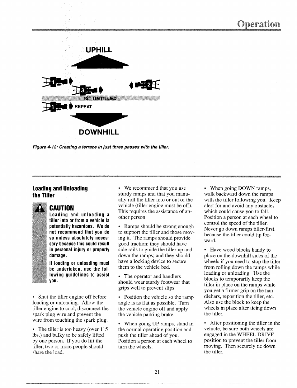 Loading and unloading the tiller, Uphill, Downhill | Repeat, Caution | Troy-Bilt 12065 User Manual | Page 21 / 36