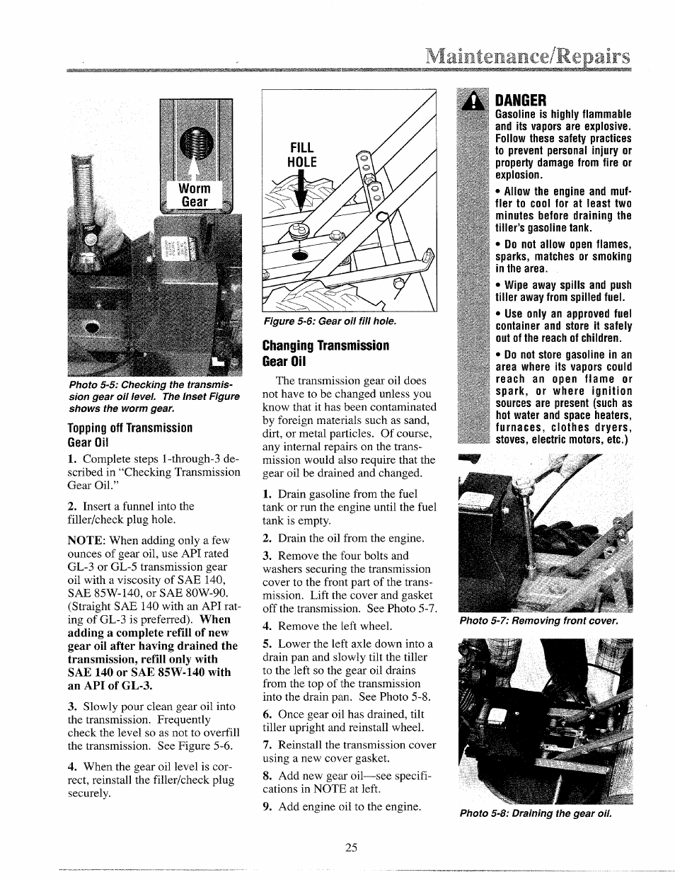 Changing transmission gear oil, Danger | Troy-Bilt 12065 User Manual | Page 25 / 36