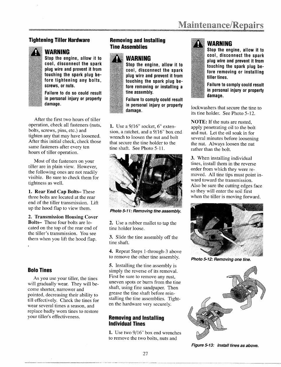 Warning, Bolo tines, Removing and installing tine assemblies | Removing and installing individual tines | Troy-Bilt 12065 User Manual | Page 27 / 36