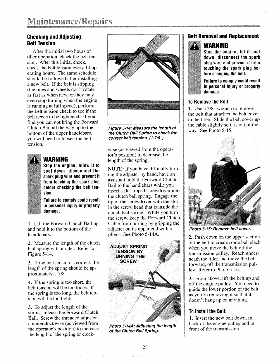 Checking and adjusting belt tension, Warning, Belt removal and replacement | Troy-Bilt 12065 User Manual | Page 28 / 36