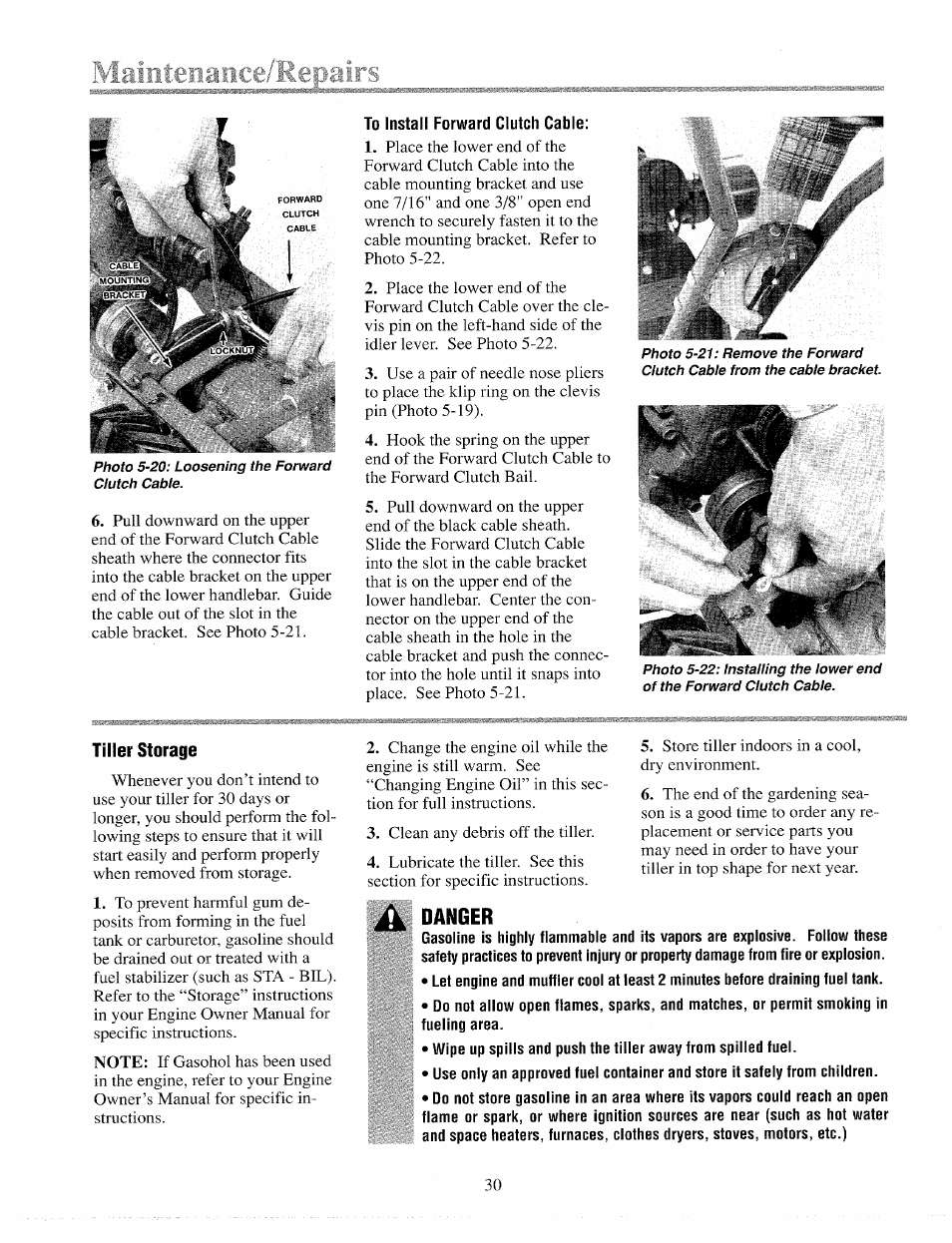 Tiller storage, Photo 5-20: loosening the forward clutch cable, Danger | Troy-Bilt 12065 User Manual | Page 30 / 36