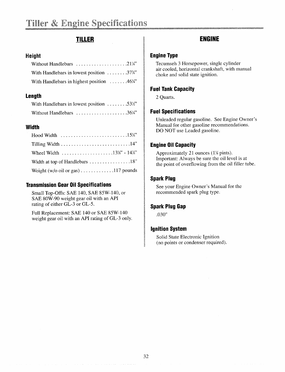 Tlïier & erglne spec . , ' 3 | Troy-Bilt 12065 User Manual | Page 32 / 36