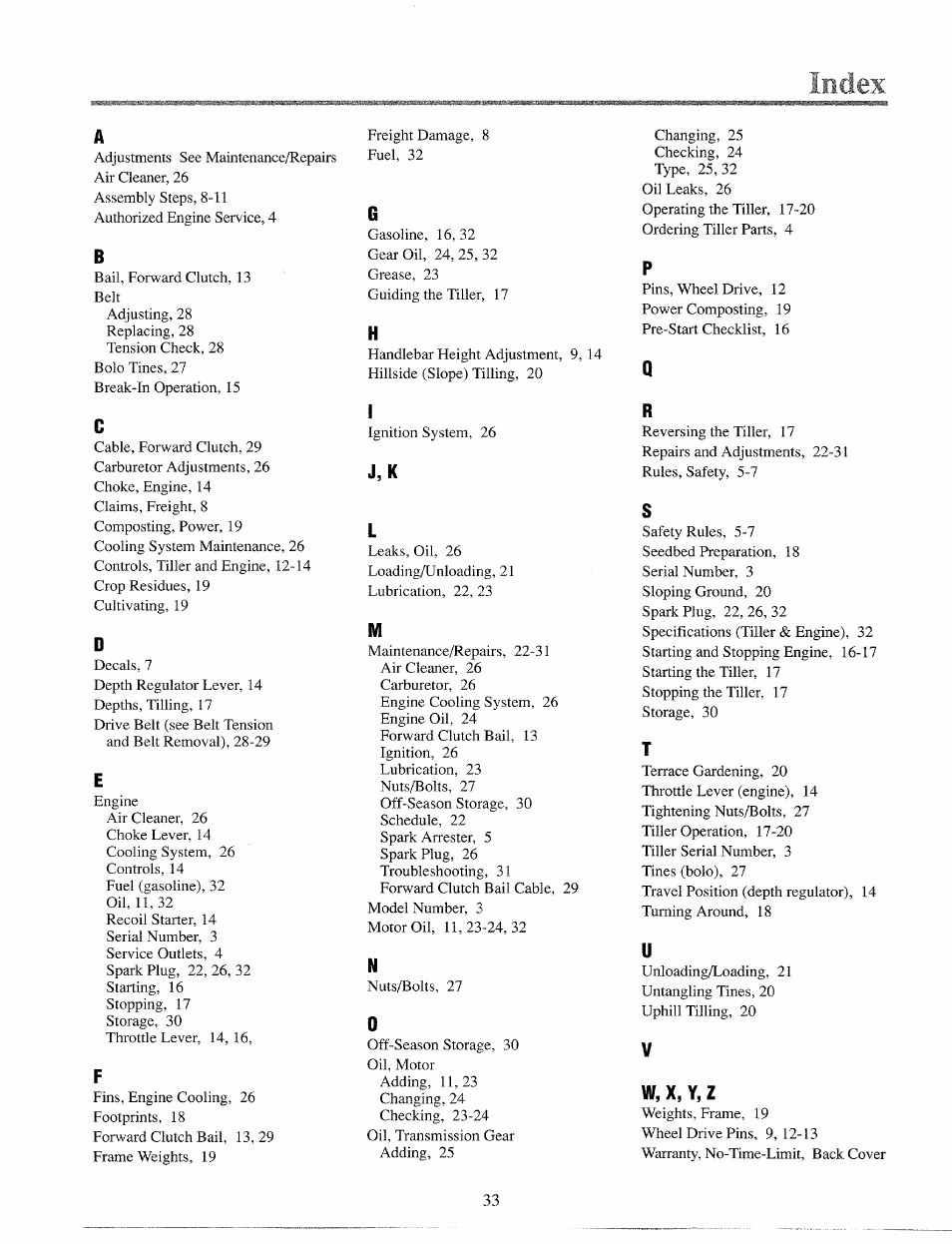 Index, J, k, W, x, y, z | Troy-Bilt 12065 User Manual | Page 33 / 36