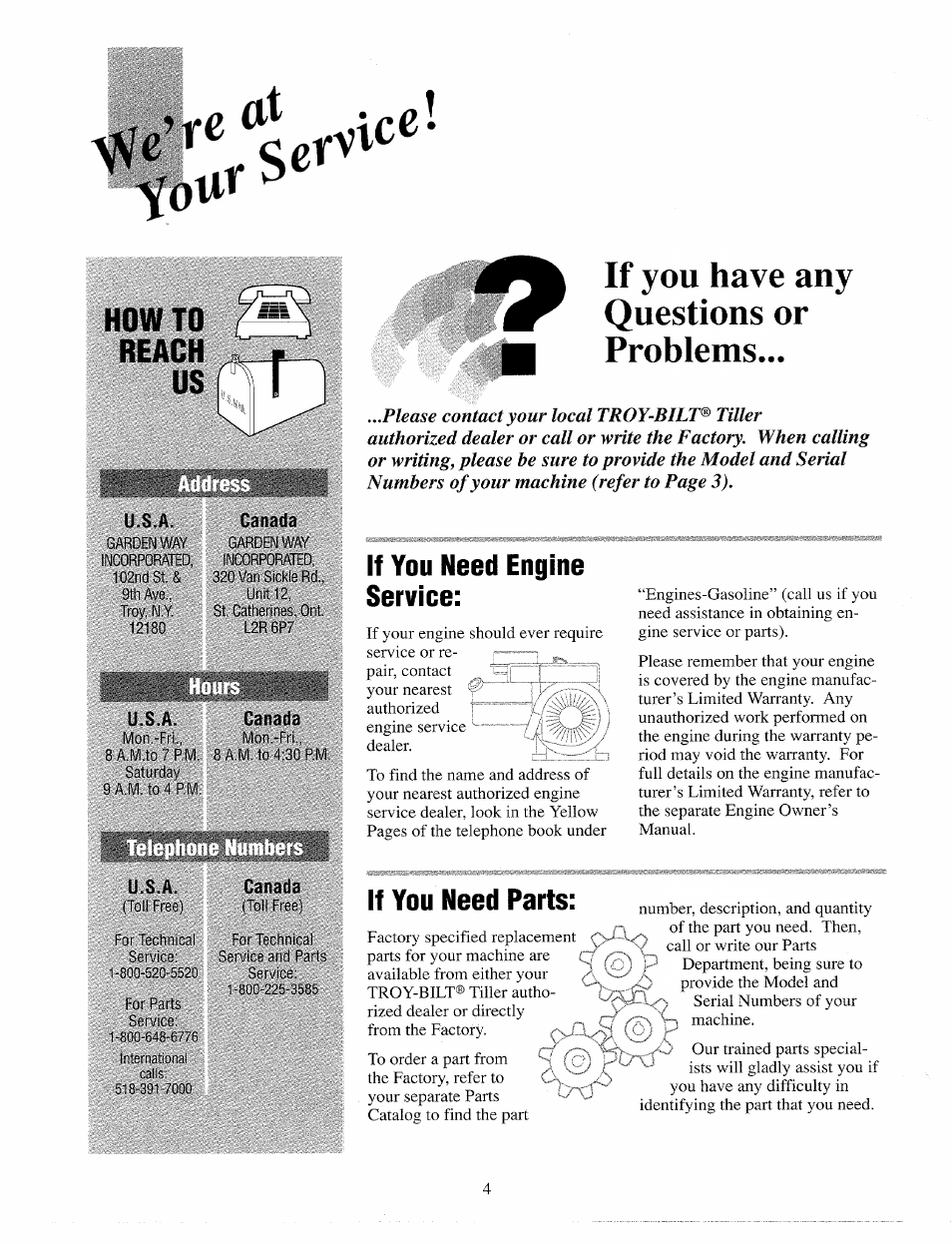U.s.a, Canada, Howto reach us | If you have any questions or problems, If you need engine service, If you need parts | Troy-Bilt 12065 User Manual | Page 4 / 36