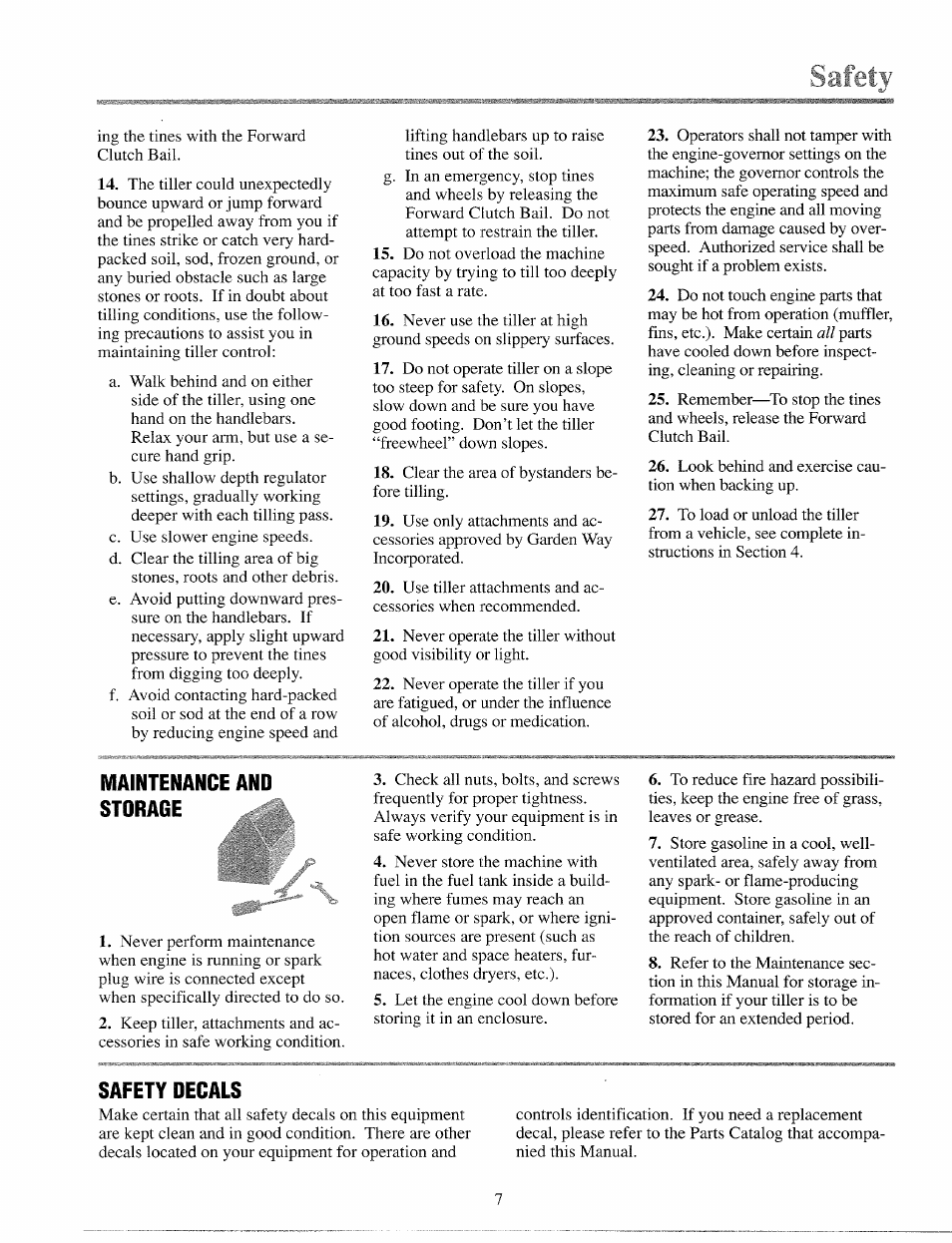 Maintenance and storage, Safety decals | Troy-Bilt 12065 User Manual | Page 7 / 36