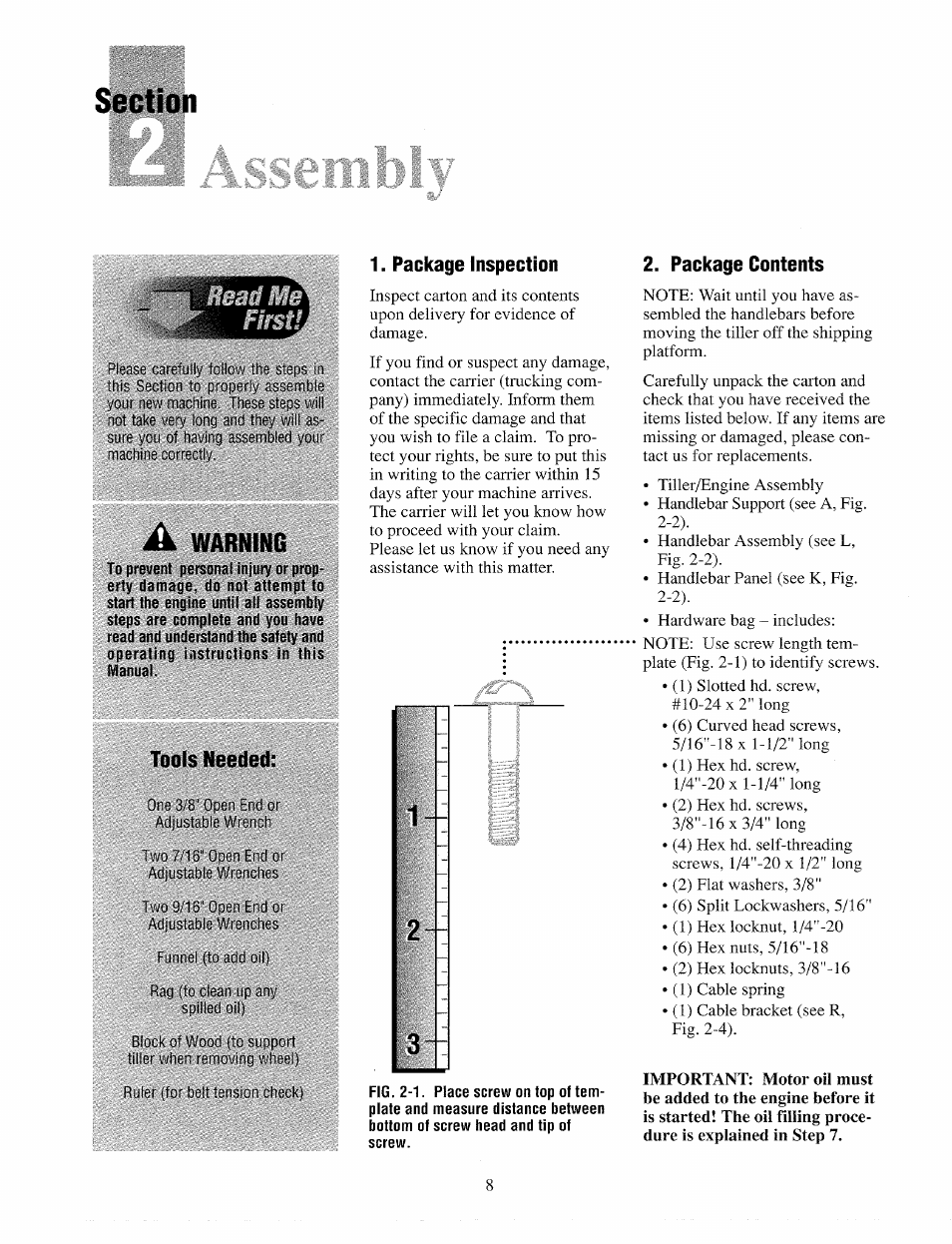 Section, Tools needed, Warning | Package inspection, Package contents | Troy-Bilt 12065 User Manual | Page 8 / 36