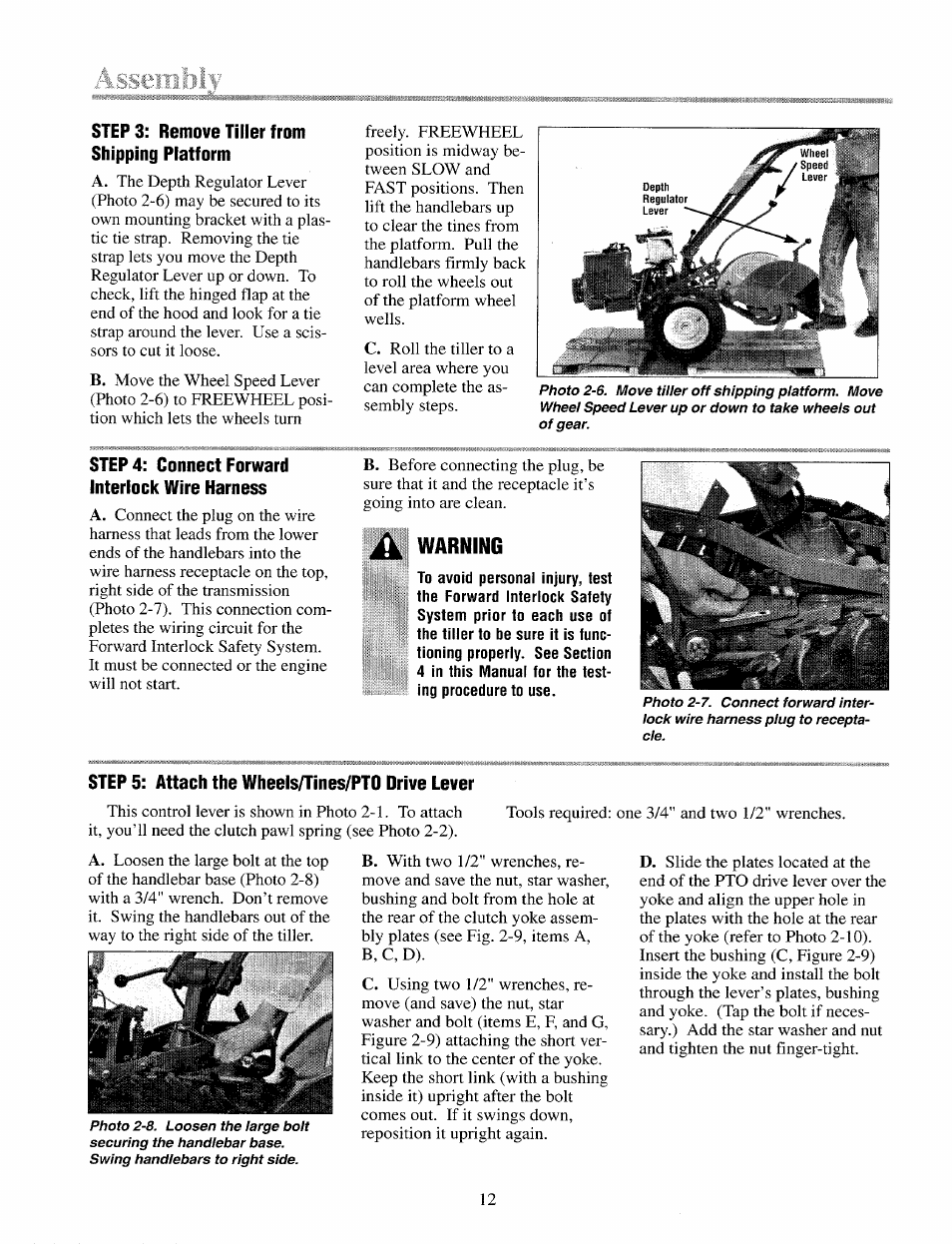 Step 3; remove tiller from shipping platform, Step 4: connect forward interlock wire harness, Warning | Step 5: attach the wheels/tines/pto drive lever | Troy-Bilt 12087 User Manual | Page 12 / 68