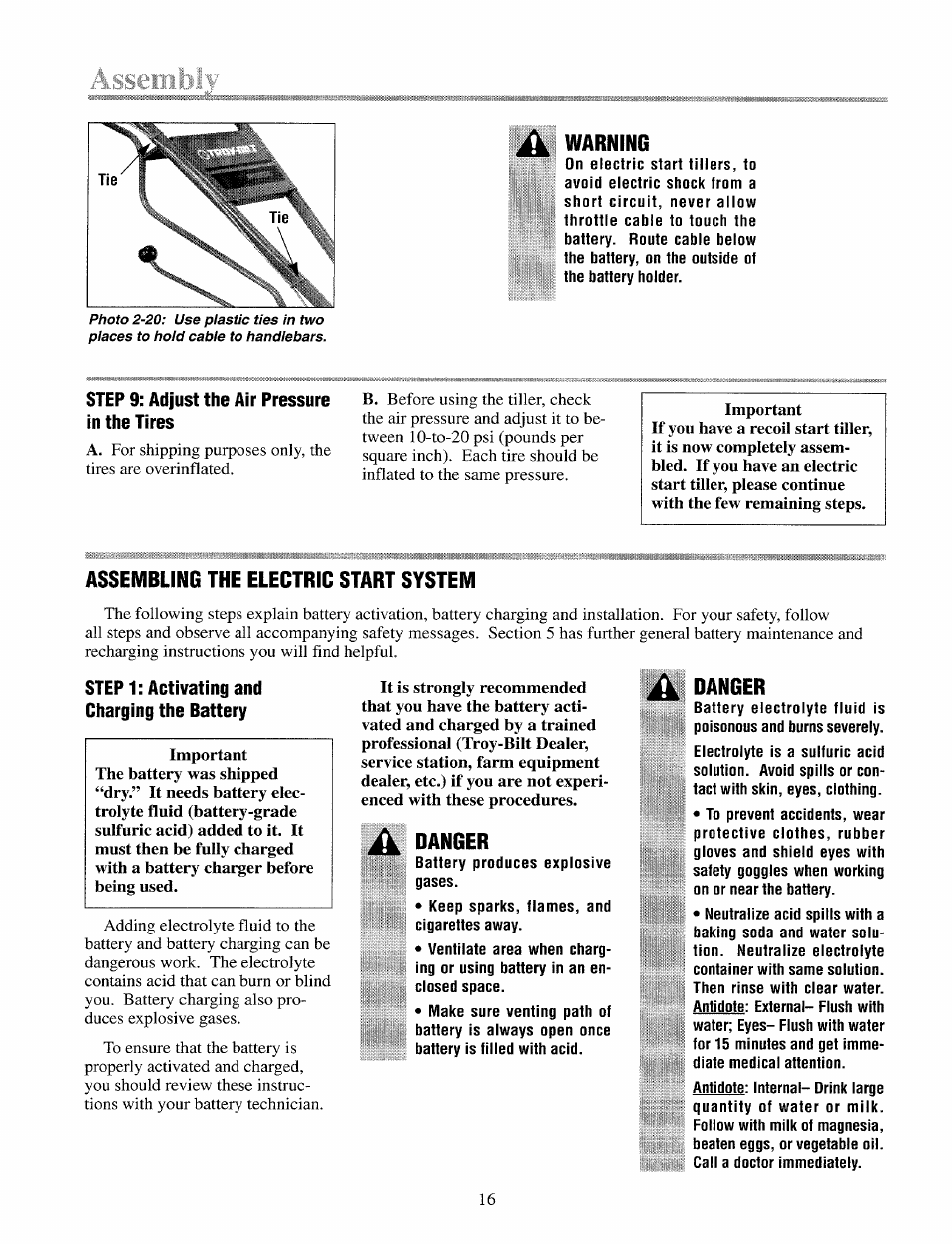 Warning, Step 9; adjust the air pressure in the tires, Assembling the electric start system | Step 1: activating and charging the battery, Danger | Troy-Bilt 12087 User Manual | Page 16 / 68