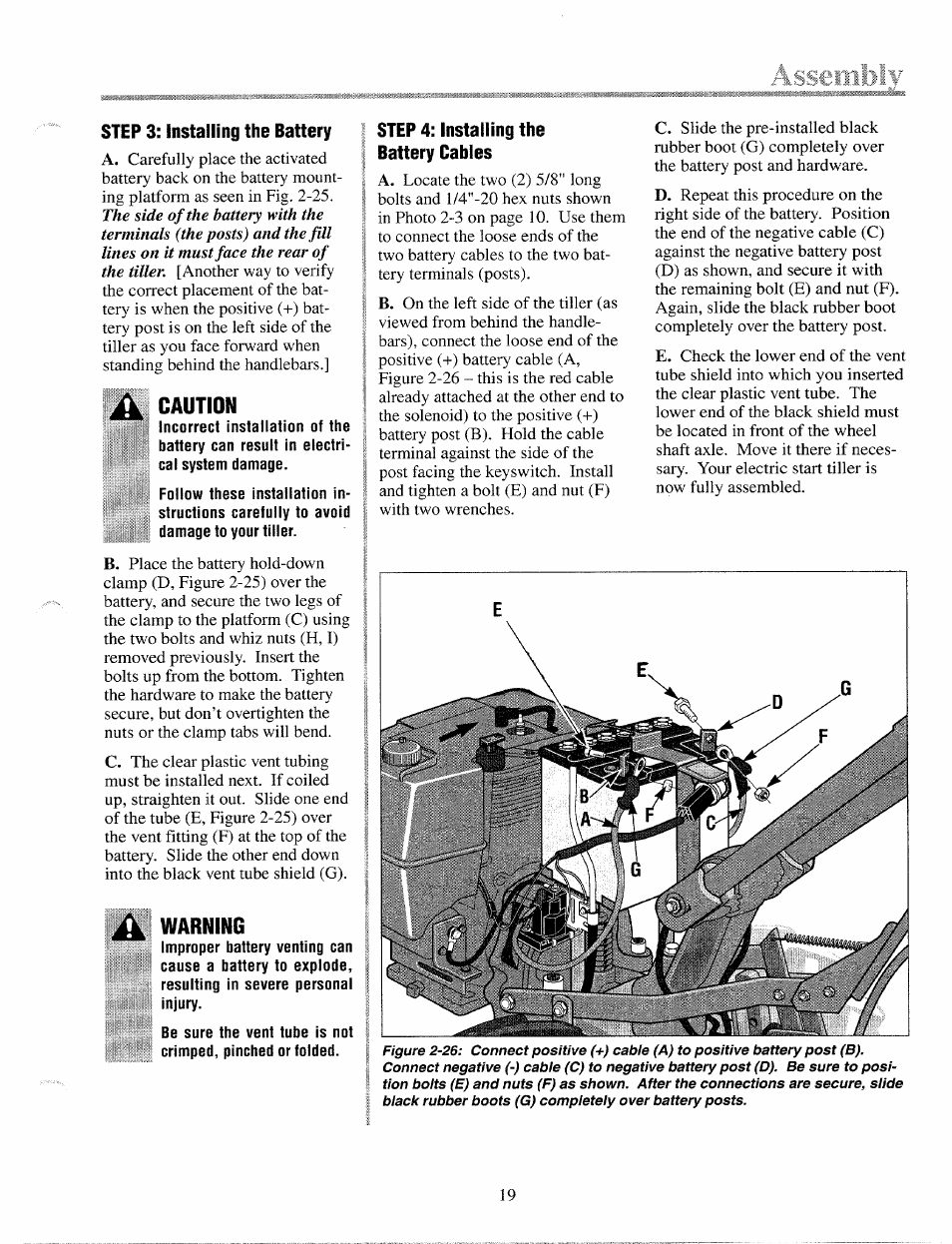 Step 3: installing the battery, Caution, Warning | Step 4: installing the battery cables | Troy-Bilt 12087 User Manual | Page 19 / 68