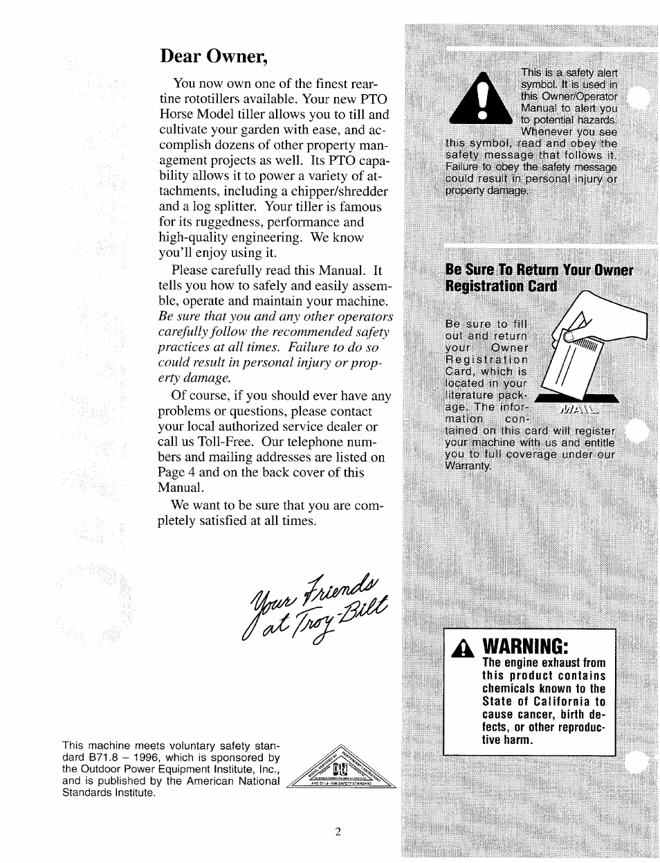 Dear owner, Be sure to return your owner registration card, Warning | Troy-Bilt 12087 User Manual | Page 2 / 68