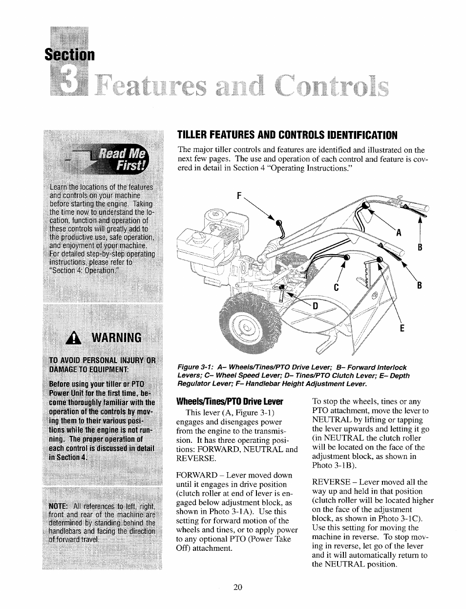 Tiller features and controls identification, Wheels/tines/pto drive lever, A warning | Troy-Bilt 12087 User Manual | Page 20 / 68