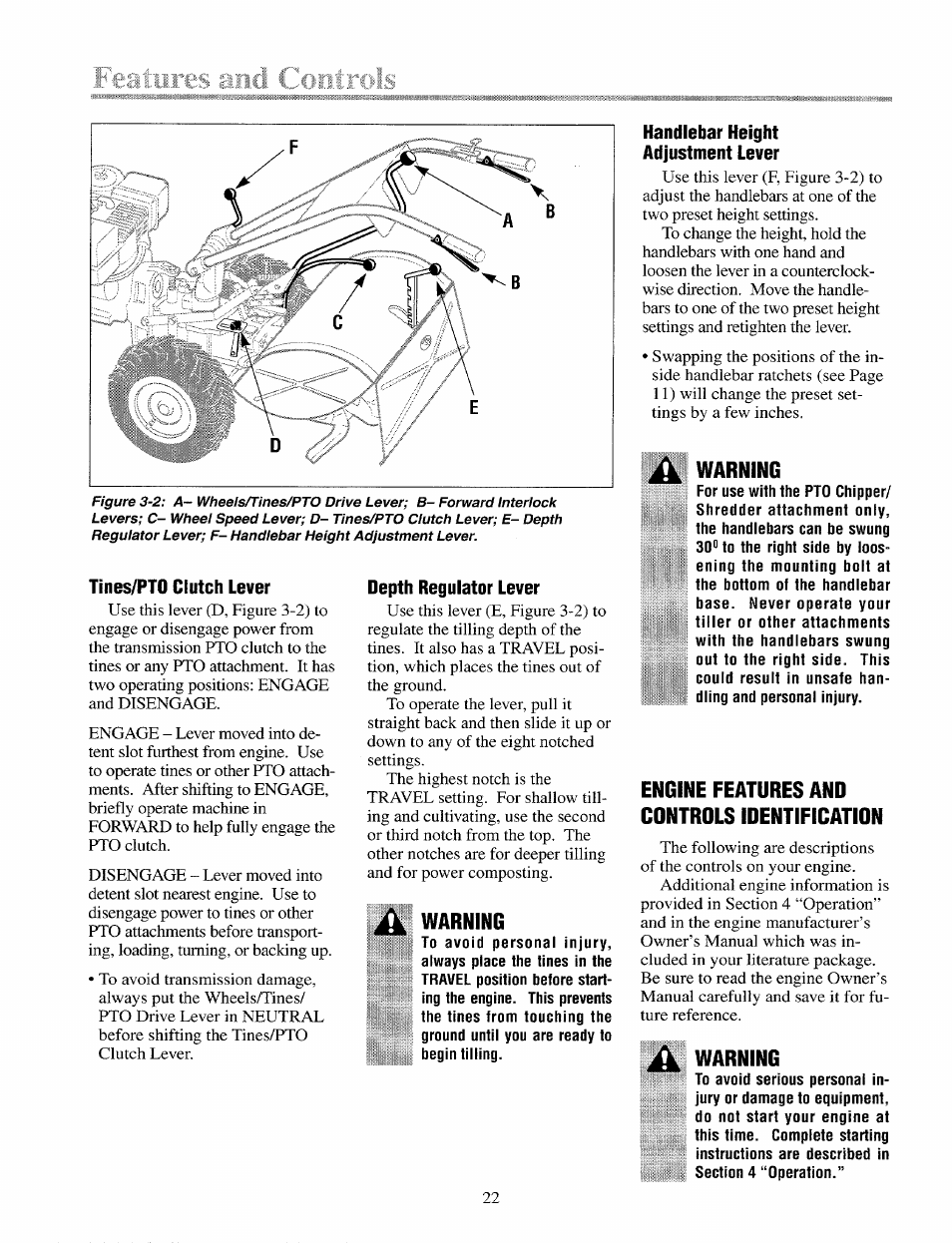 Tines/pto clutch lever, Depth regulator lever, Warning | Handlebar height adjustment lever, Engine features and controls identification | Troy-Bilt 12087 User Manual | Page 22 / 68