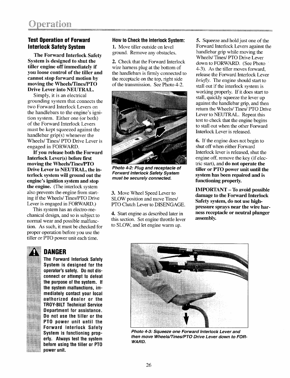 Test operation of forward interlock safety system, Danger, Test forward interlock safety system | Troy-Bilt 12087 User Manual | Page 26 / 68