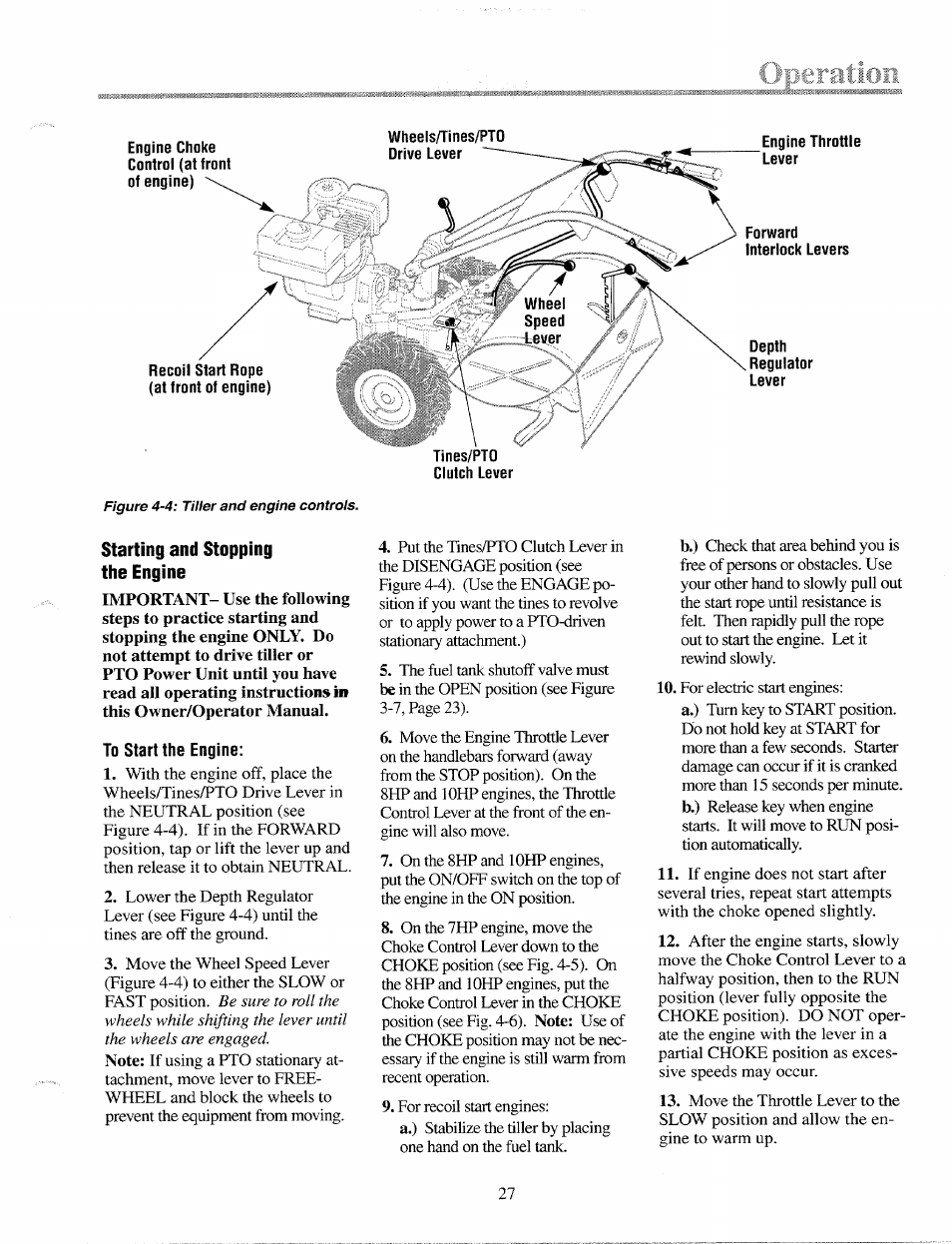 Starting and stopping the engine | Troy-Bilt 12087 User Manual | Page 27 / 68