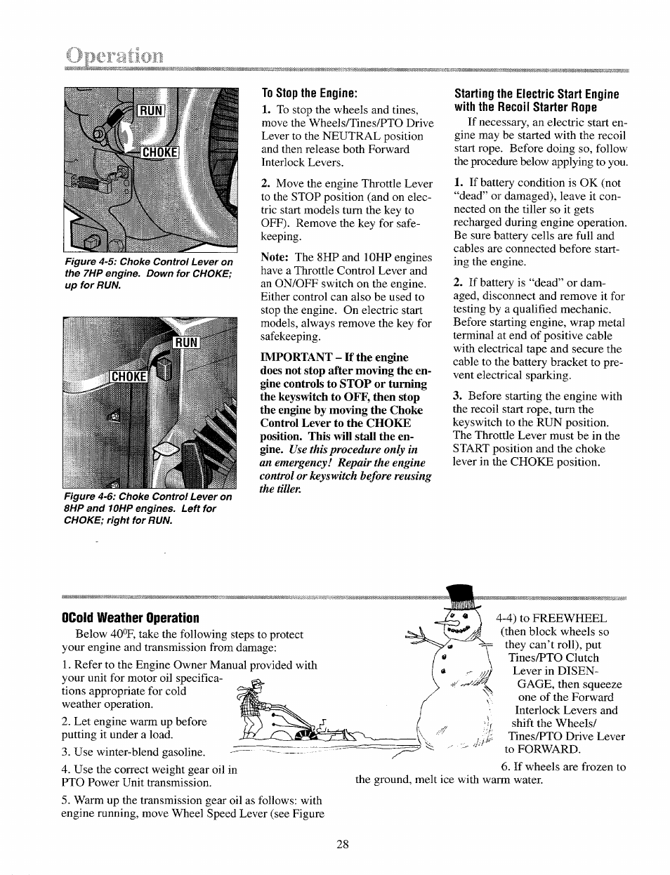 Ocold weather operation, Cold weather operation | Troy-Bilt 12087 User Manual | Page 28 / 68