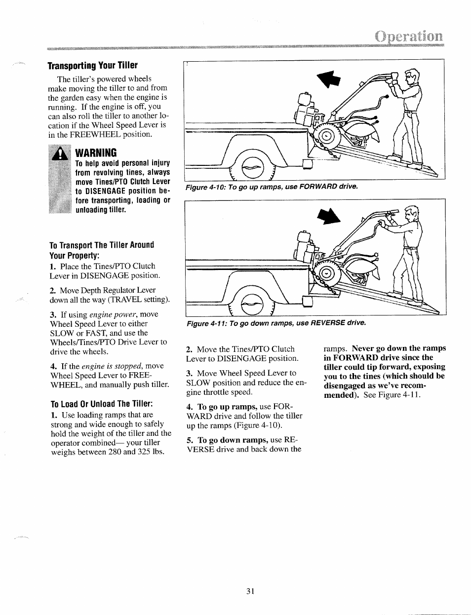 Transporting your tiller, Warning | Troy-Bilt 12087 User Manual | Page 31 / 68