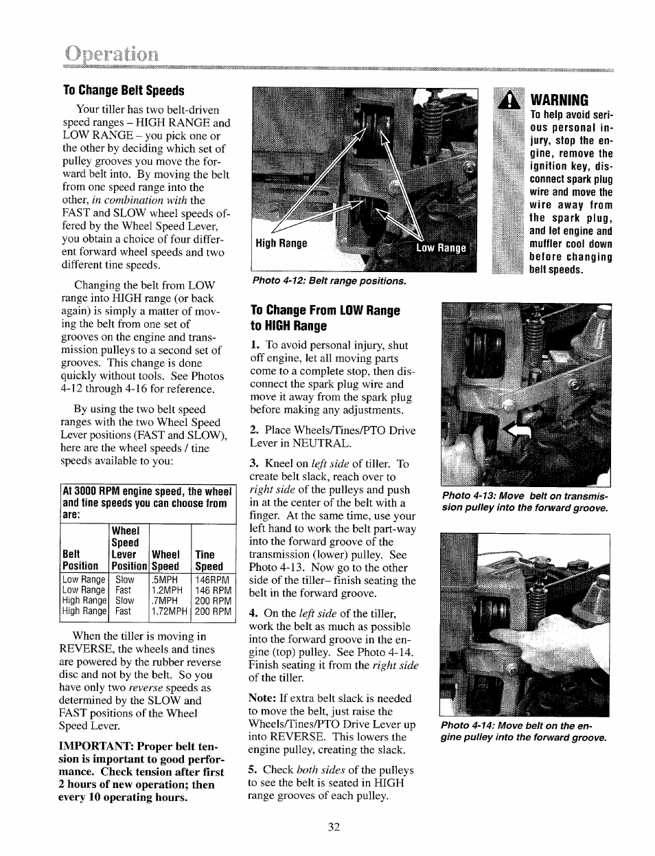 To change belt speeds, To change from low range to high range, Warning | Troy-Bilt 12087 User Manual | Page 32 / 68