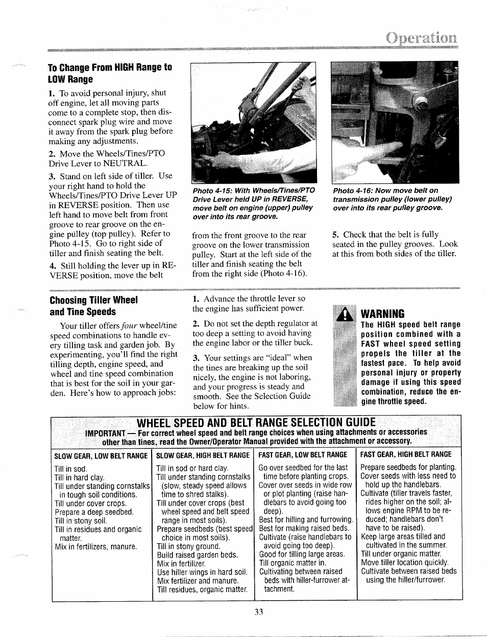 To change from high range to low range, Choosing tiller wheel and tine speeds, Warning | Wheel speed and belt range selection guide | Troy-Bilt 12087 User Manual | Page 33 / 68