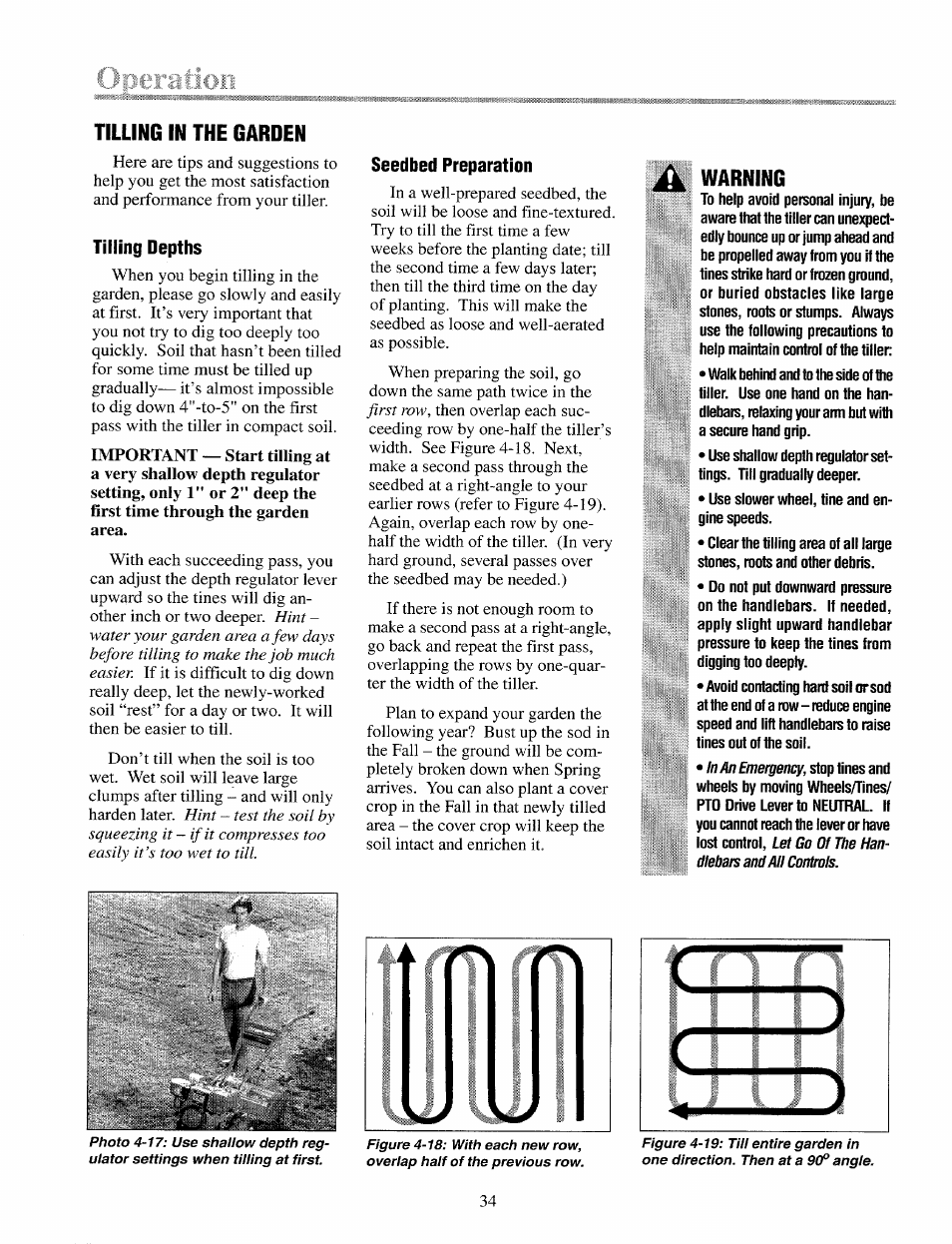 Tilling in the garden, Tilling depths, Seedbed preparation | Troy-Bilt 12087 User Manual | Page 34 / 68