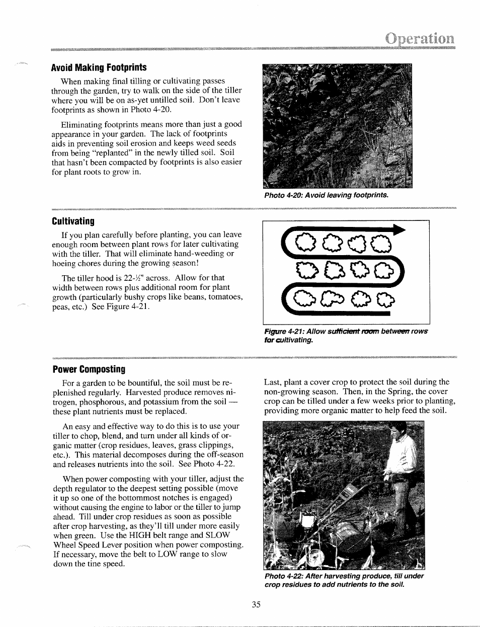 Avoid making footprints, Cultivating, Power composting | Troy-Bilt 12087 User Manual | Page 35 / 68