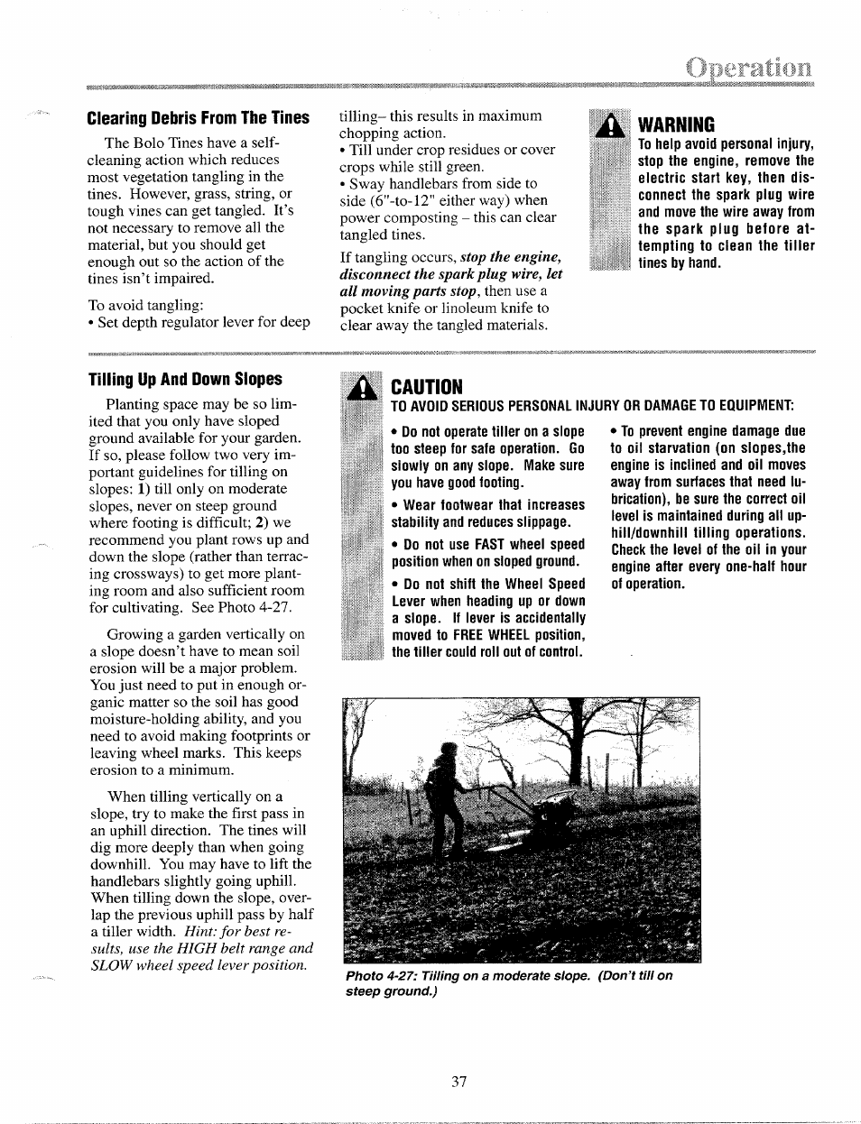 Clearing debris from the tines, Warning, Tilling up and down slopes | Troy-Bilt 12087 User Manual | Page 37 / 68