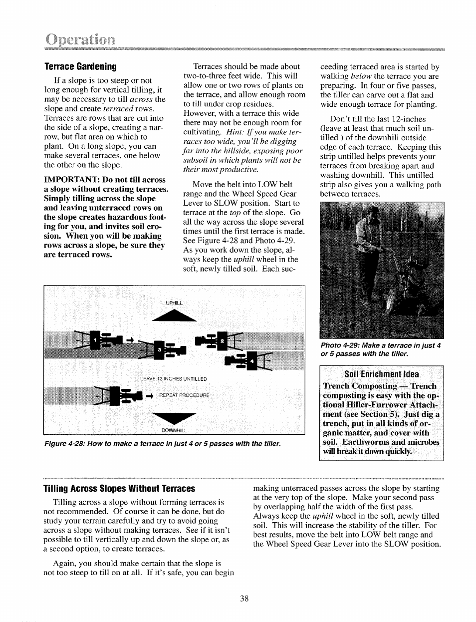 Terrace gardening, Tilling across slopes without terraces | Troy-Bilt 12087 User Manual | Page 38 / 68