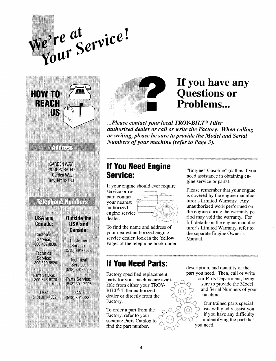 If you have any questions or problems, Howto reach us, If you need engine service | If you need parts | Troy-Bilt 12087 User Manual | Page 4 / 68