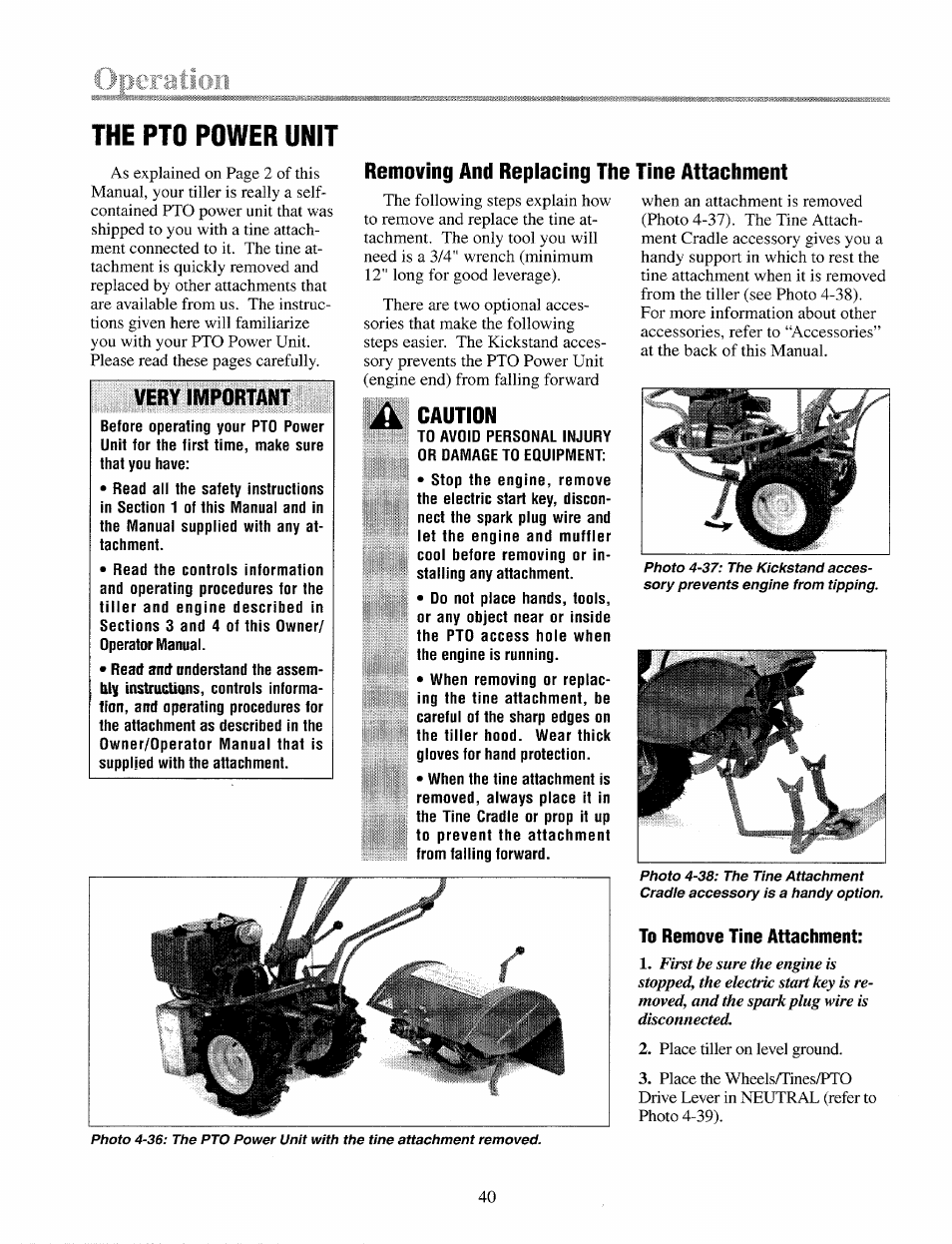 Caution, To remove tine attachment, The pto power unit | Troy-Bilt 12087 User Manual | Page 40 / 68