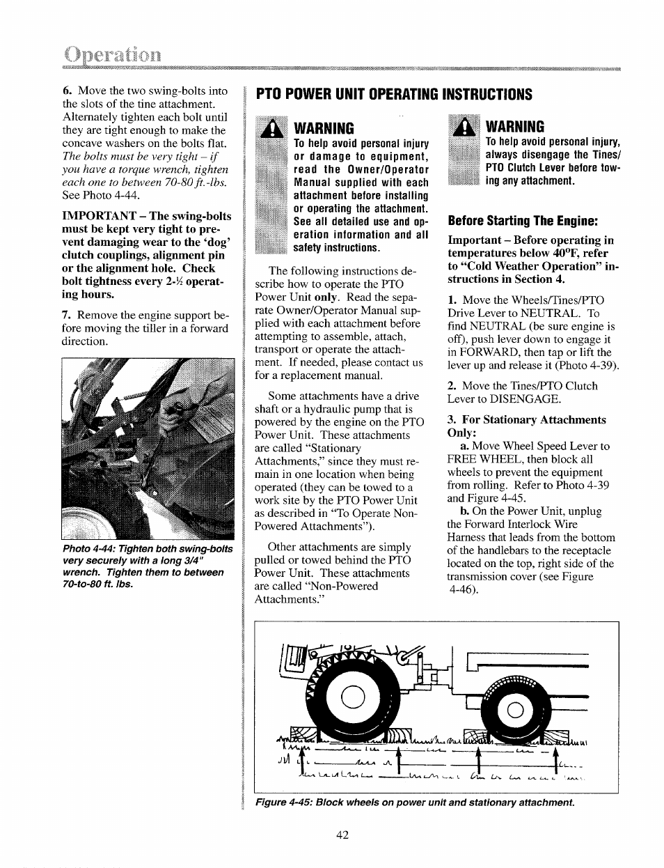 Warning, Before starting the engine | Troy-Bilt 12087 User Manual | Page 42 / 68