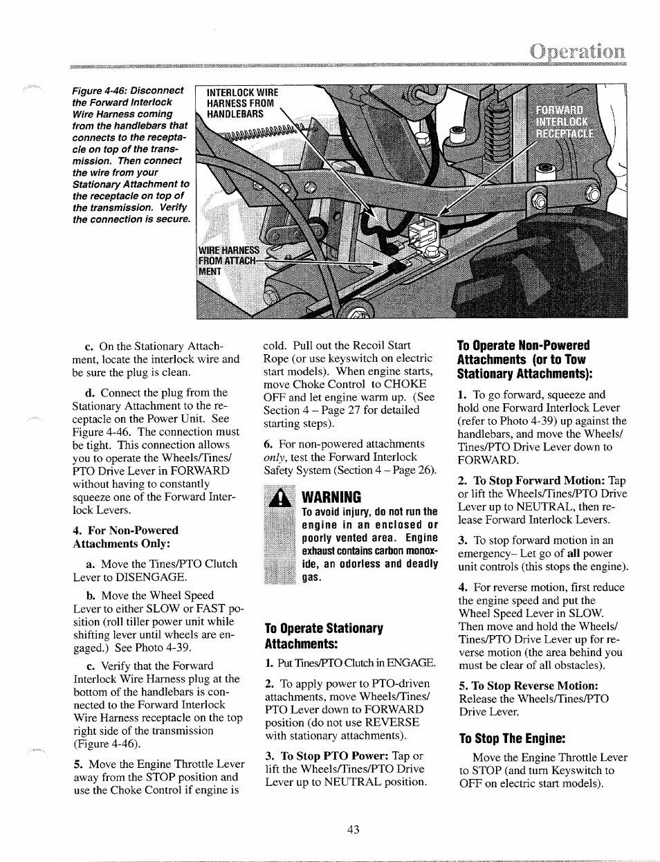 Warning, To operate stationary attachments, To stop the engine | Troy-Bilt 12087 User Manual | Page 43 / 68