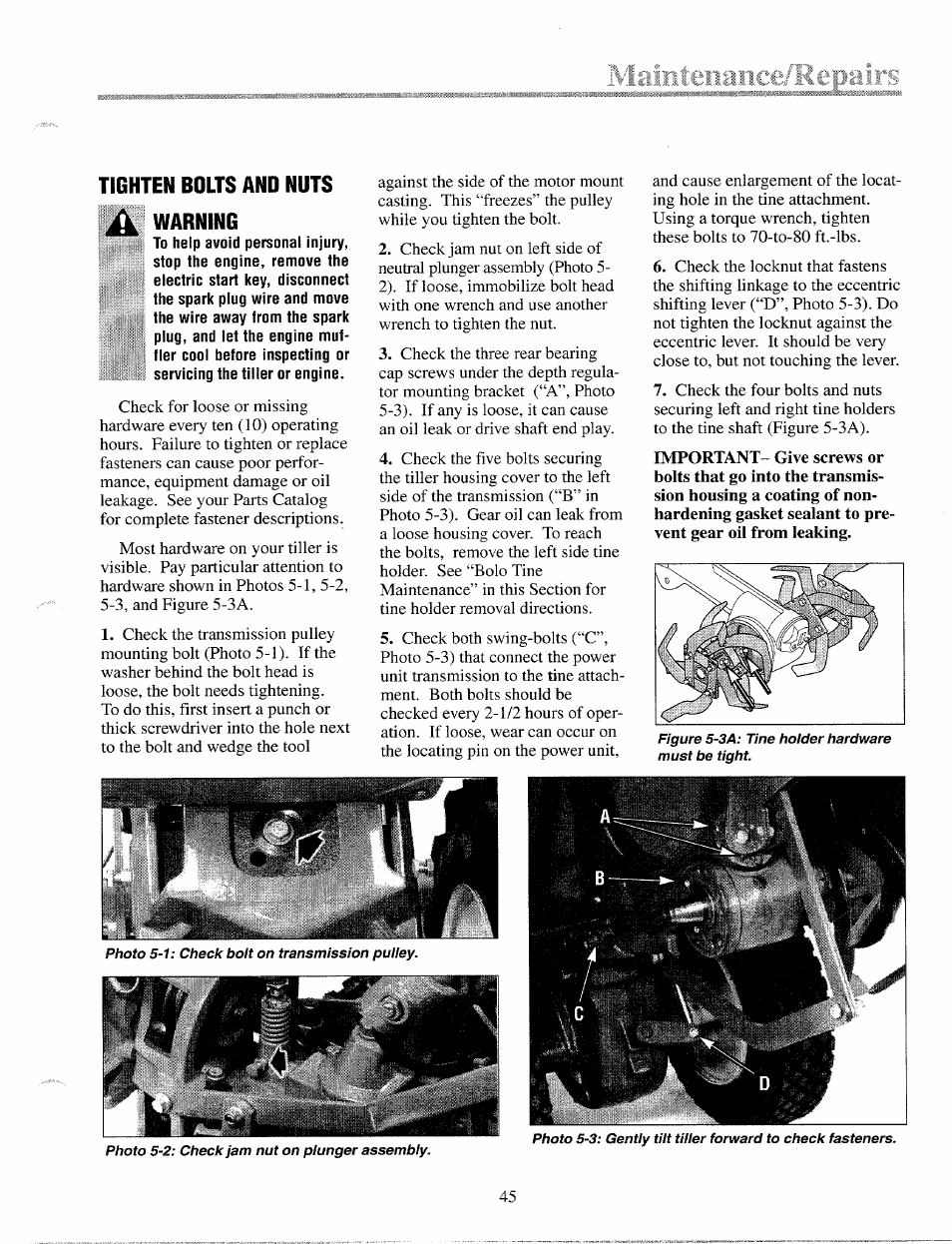 Tighten bolts and nuts ^warning, Tighten bolts and nuts, Warning | Troy-Bilt 12087 User Manual | Page 45 / 68