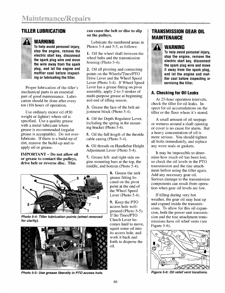 Tiller lubrication, Warning, Transmission gear oil maintenance | A. checking for oil leaks | Troy-Bilt 12087 User Manual | Page 46 / 68