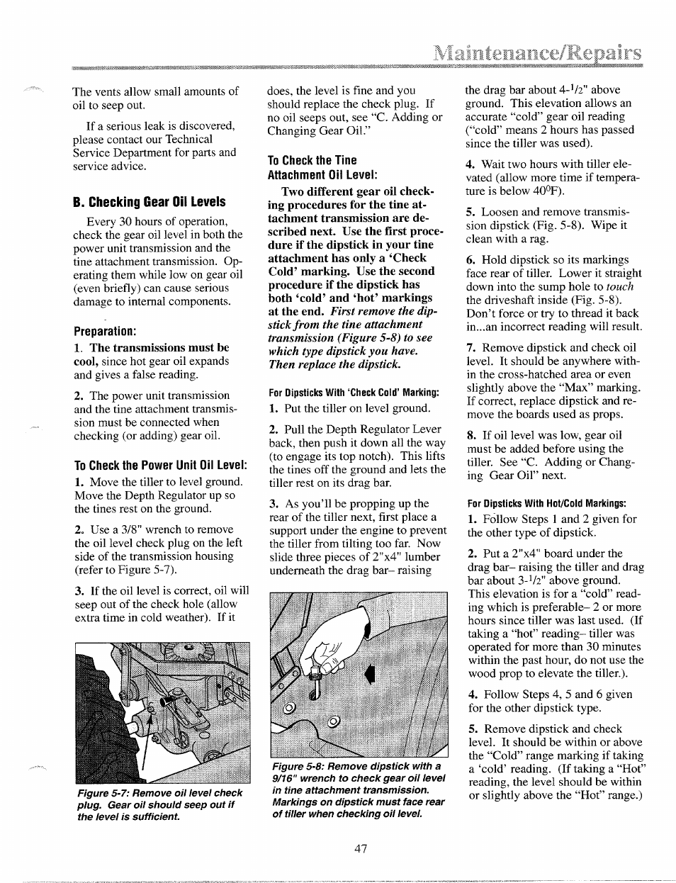 B. checking gear oil levels | Troy-Bilt 12087 User Manual | Page 47 / 68