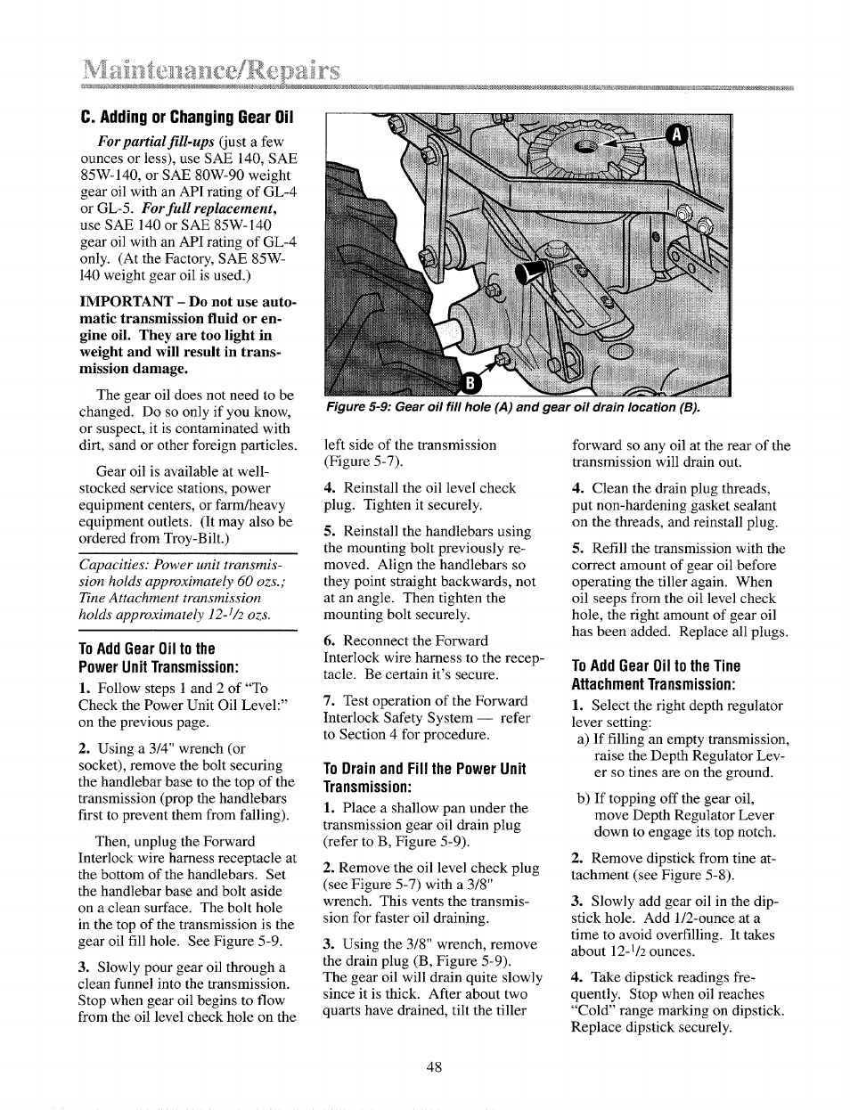 C. adding or changing gear oil, Tccp | Troy-Bilt 12087 User Manual | Page 48 / 68