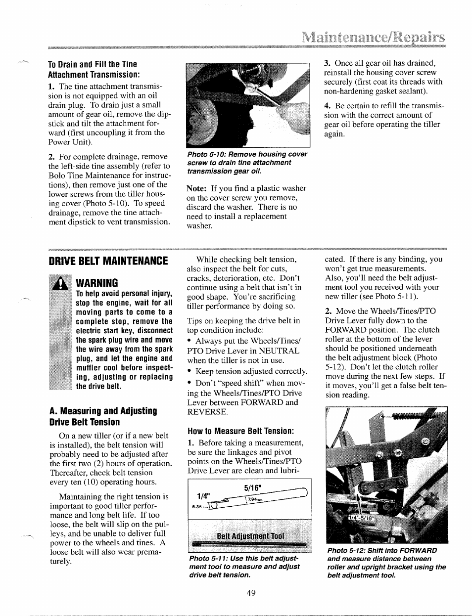 Drive belt maintenance, Warning, A. measuring and adjusting drive belt tension | Troy-Bilt 12087 User Manual | Page 49 / 68