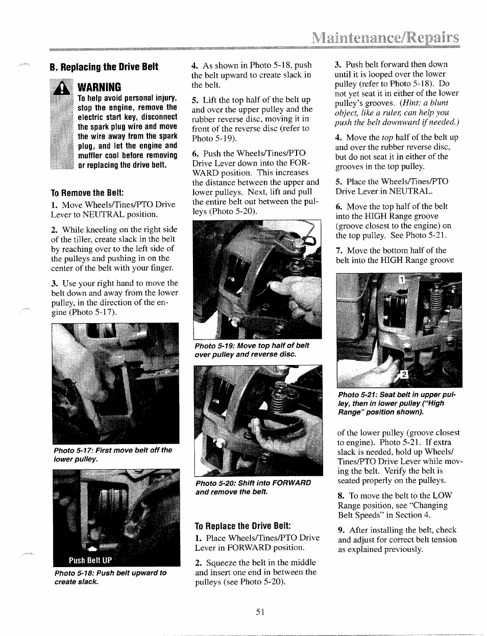 Tamteiiai, B. replacing the drive belt, Warninc | Tamteiiai pairs | Troy-Bilt 12087 User Manual | Page 51 / 68