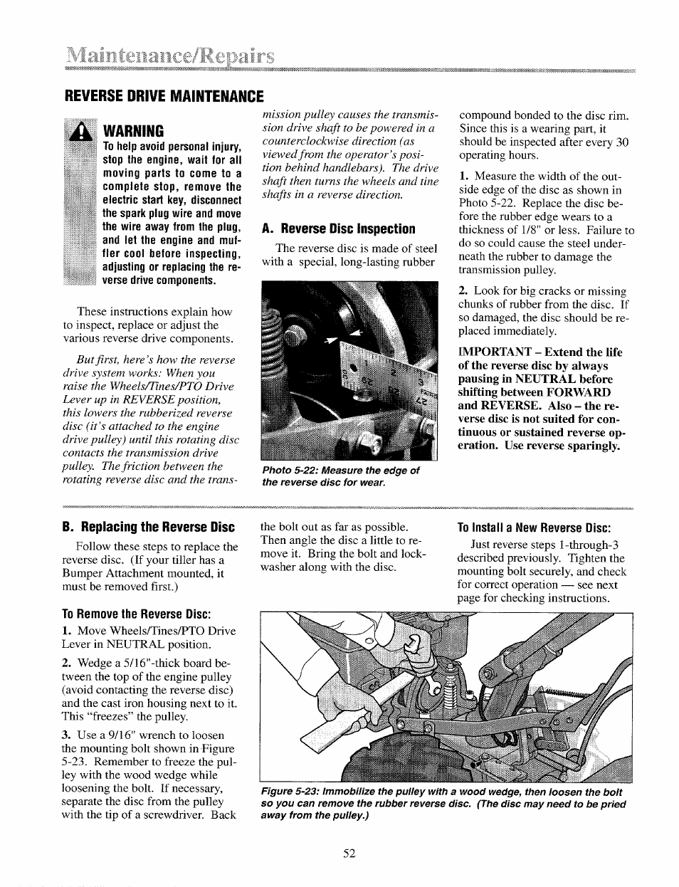 Warning, A. reverse disc inspection, B. replacing the reverse disc | Reverse drive maintenance | Troy-Bilt 12087 User Manual | Page 52 / 68