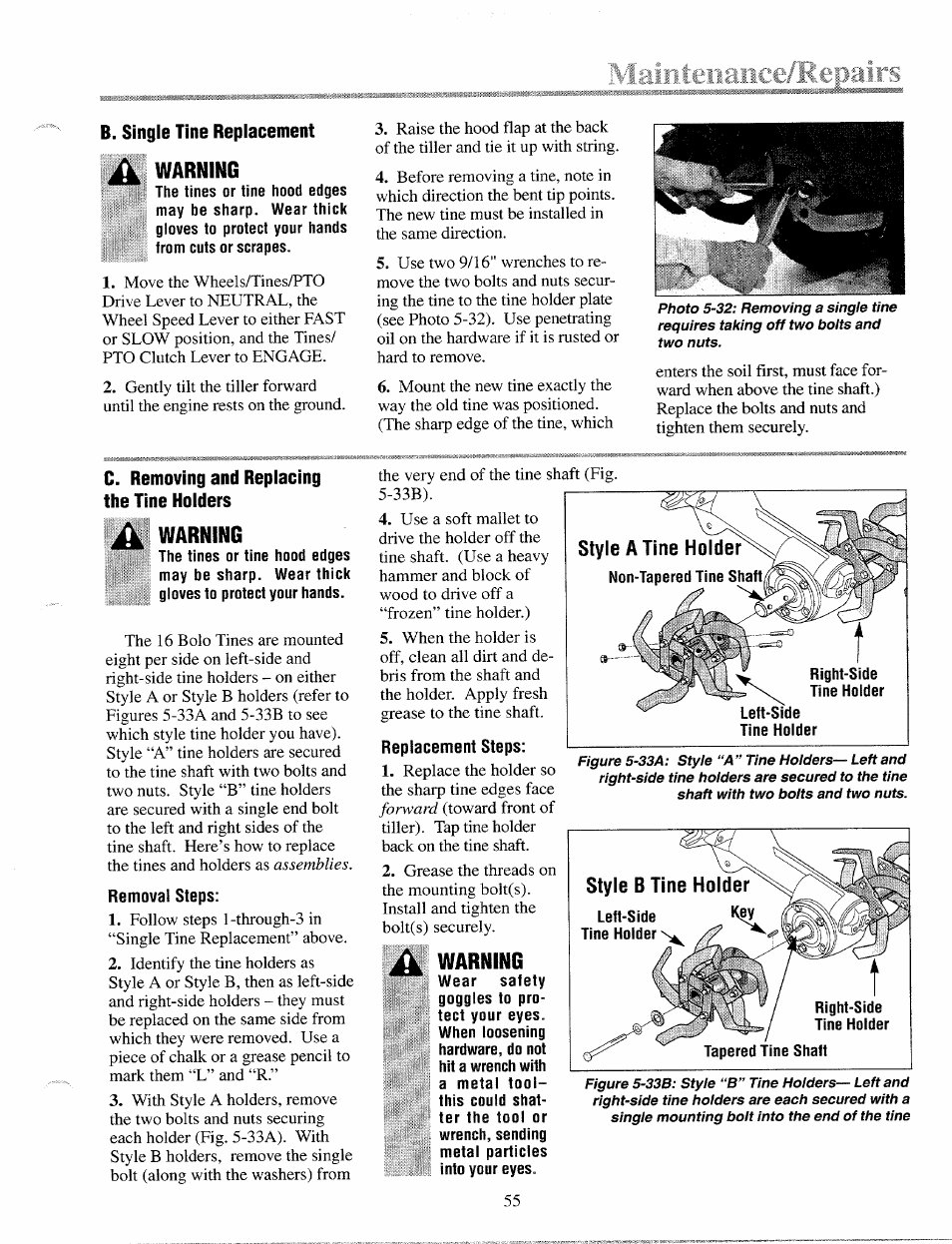 B. single tine replacement warning, C. removing and replacing the tine holders, Warning | Troy-Bilt 12087 User Manual | Page 55 / 68