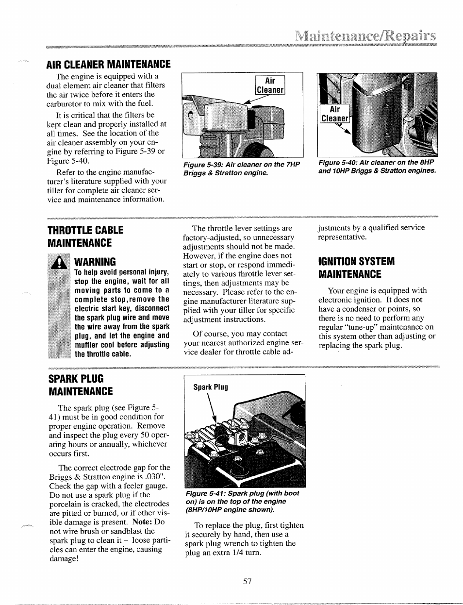 Throttle cable maintenance, Warning, Ignition system maintenance | Spark plug maintenance, Tine shaft maintenance | Troy-Bilt 12087 User Manual | Page 57 / 68