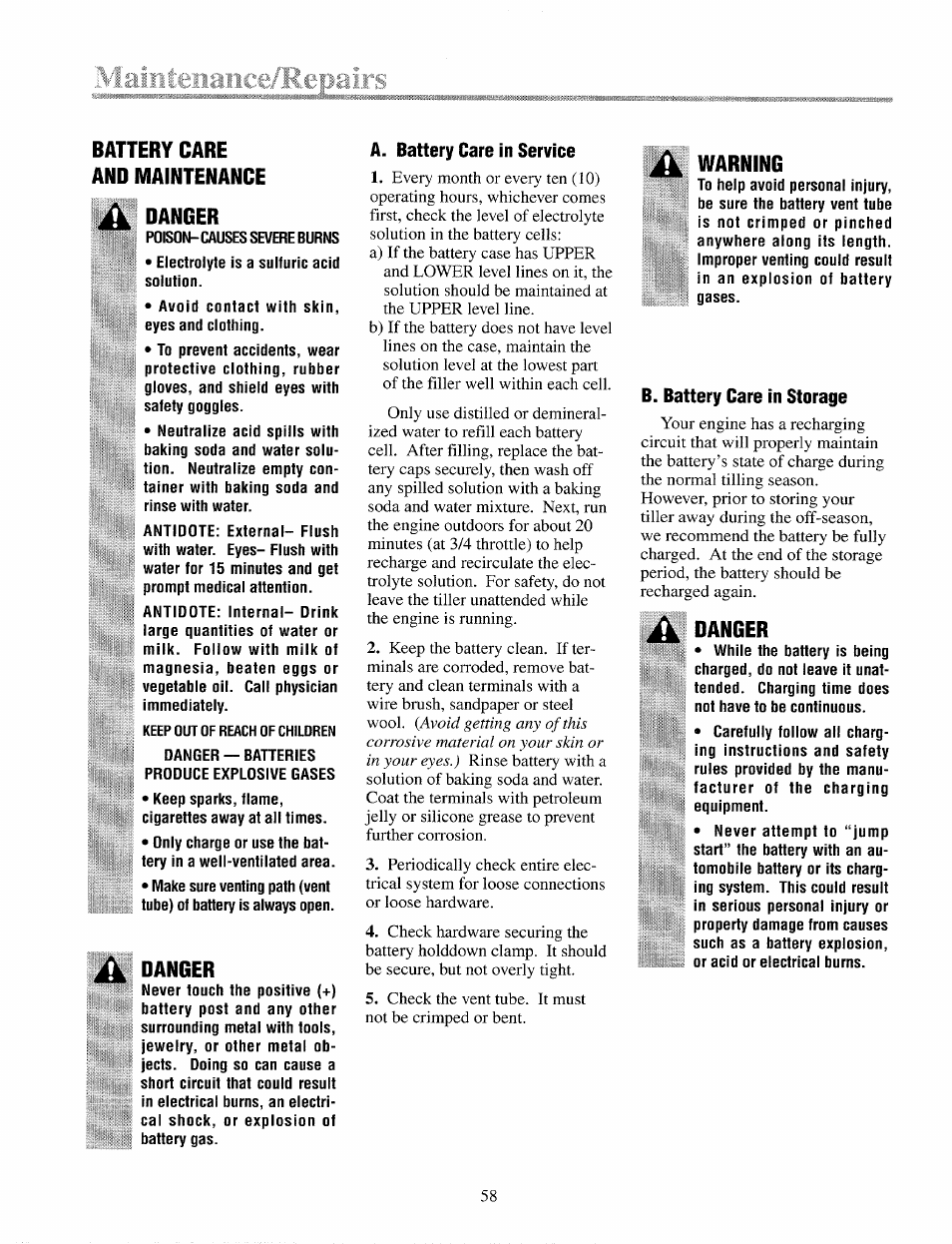 Battery care and maintenance, Danger, A. battery care in service | Warning, B. battery care in storage | Troy-Bilt 12087 User Manual | Page 58 / 68