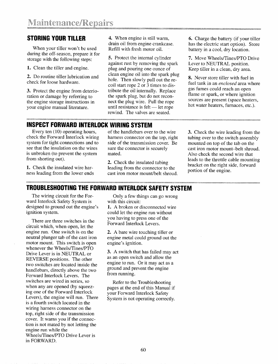 Storing your tiller, Inspect forward interlock wiring system, Troubleshooting forward interlock safety system | Troy-Bilt 12087 User Manual | Page 60 / 68