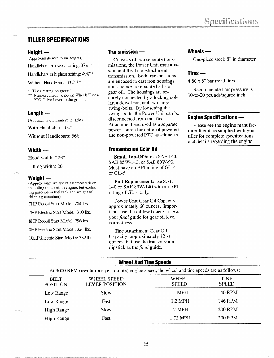 Tiller specifications, Height, Length | Width, Weight, Transmission, Transmission gear oil, Wheeis, Tires, Engine specifications | Troy-Bilt 12087 User Manual | Page 65 / 68