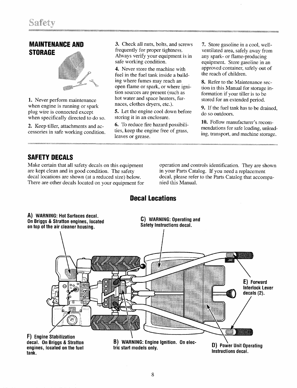 Maintenance and storage, Safety decals, Decal locations | Troy-Bilt 12087 User Manual | Page 8 / 68