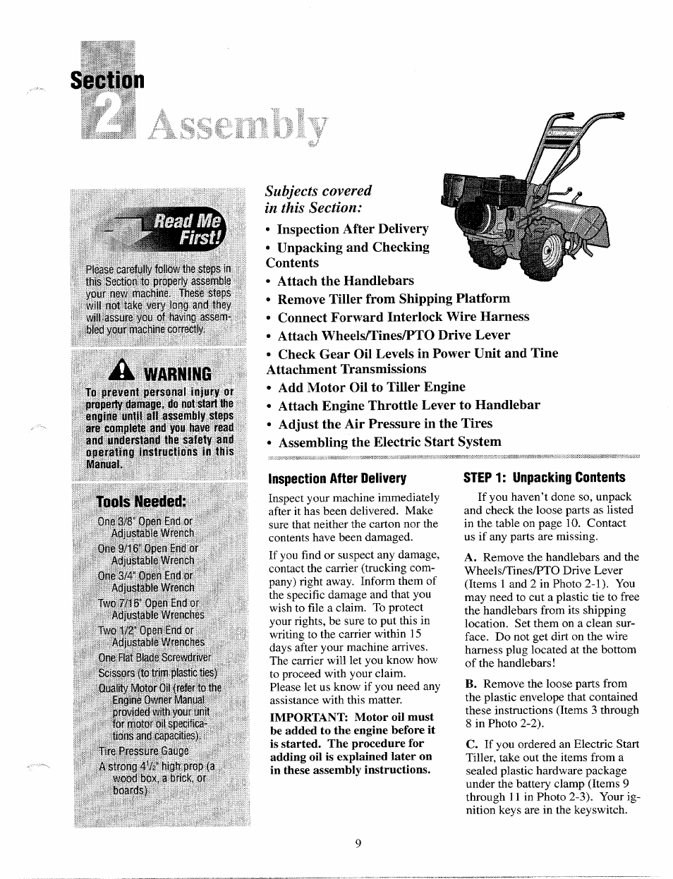 Tools needed, Inspection after delivery, Warning | Troy-Bilt 12087 User Manual | Page 9 / 68