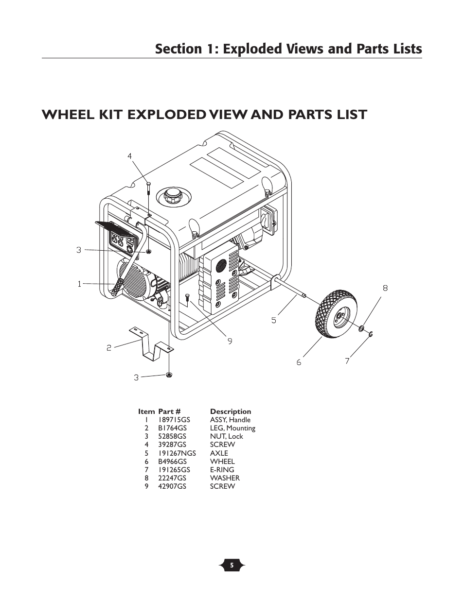 Wheel kit exploded view and parts list | Troy-Bilt 1924 User Manual | Page 5 / 6