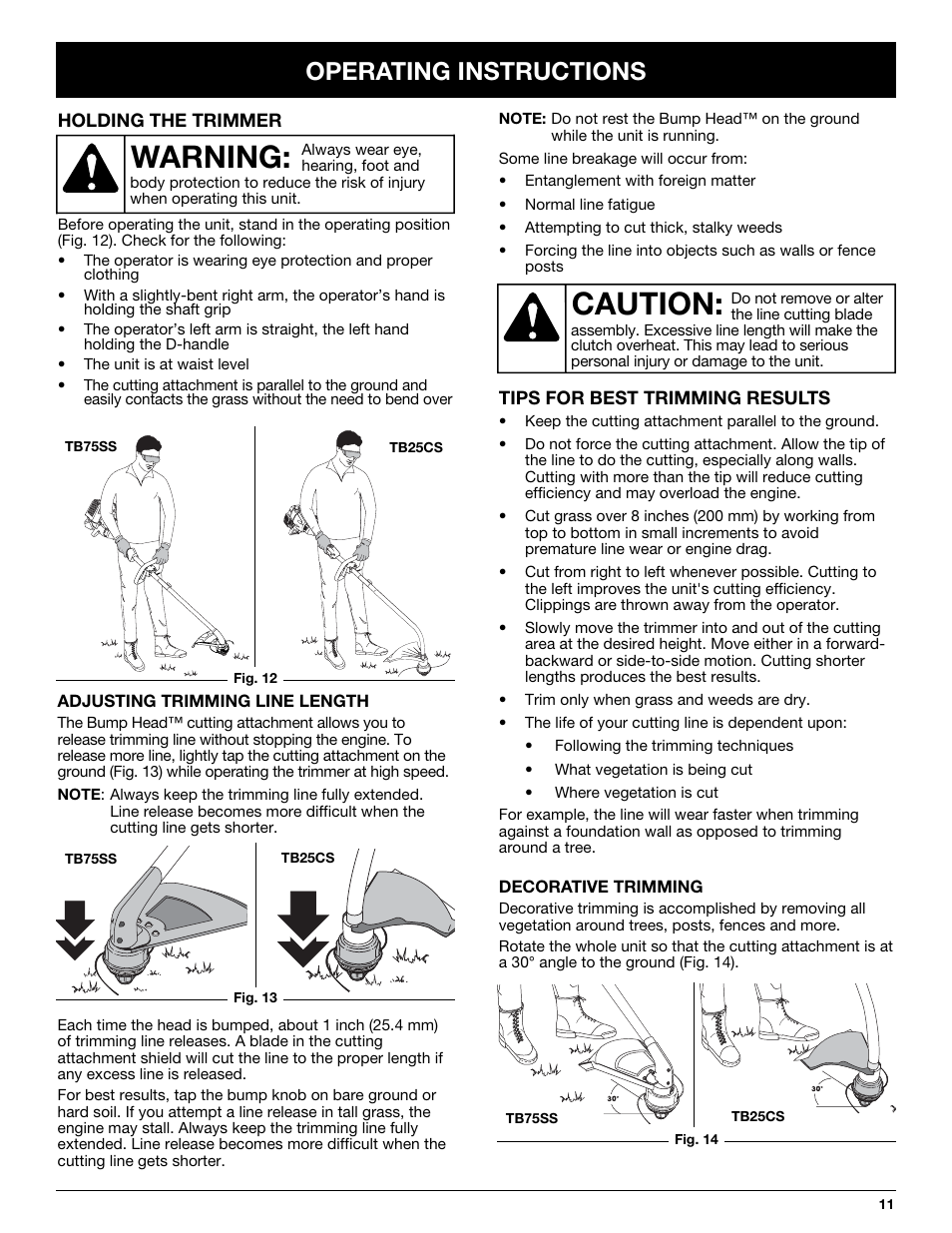 Caution, Warning, Operating instructions | Troy-Bilt TB25CS User Manual | Page 11 / 72