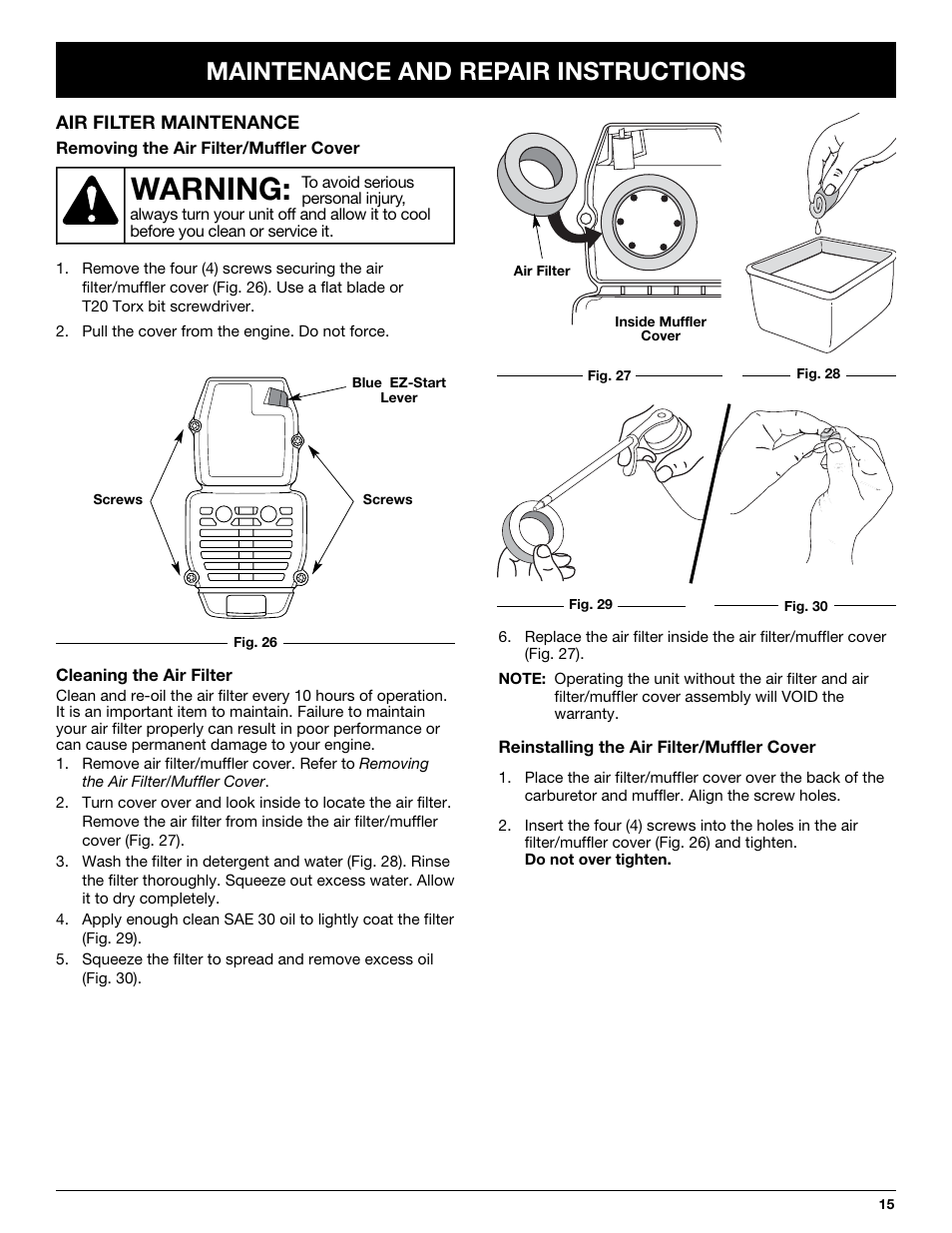 Warning, Maintenance and repair instructions | Troy-Bilt TB25CS User Manual | Page 15 / 72