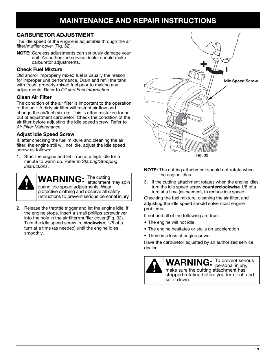 Warning, Maintenance and repair instructions | Troy-Bilt TB25CS User Manual | Page 17 / 72