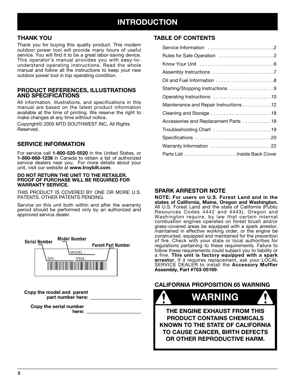 Warning, Introduction | Troy-Bilt TB25CS User Manual | Page 2 / 72